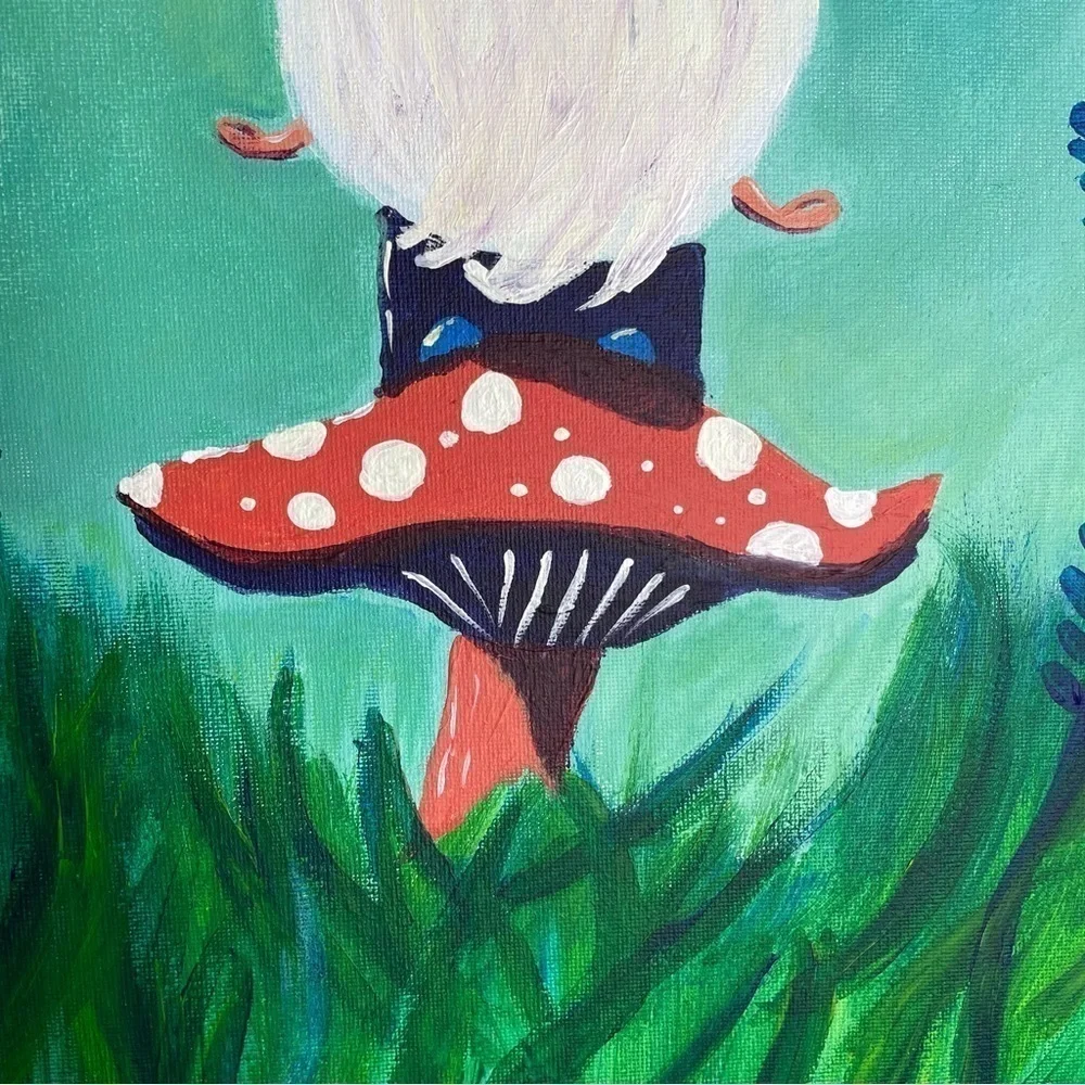 Adorable meditating gnome on a mushroom acrylic painting handmade art